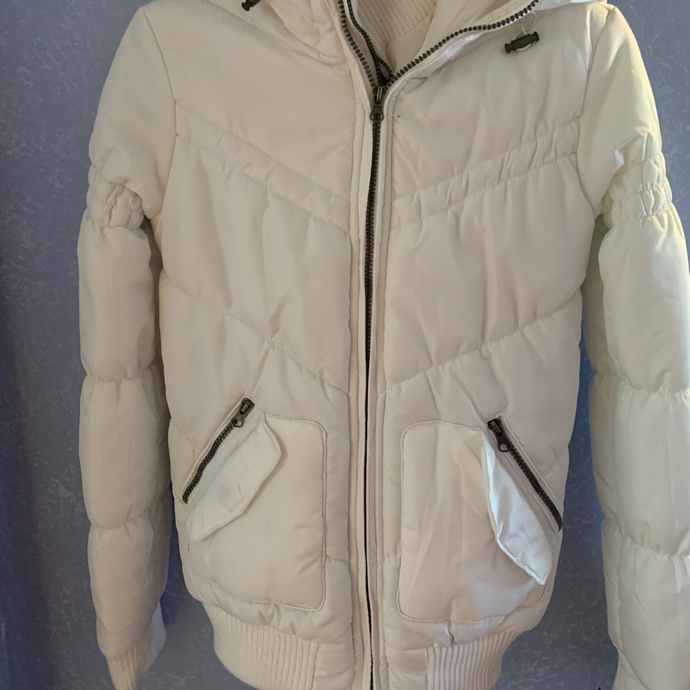 White, faux fur hooded junior puffer winter coat.